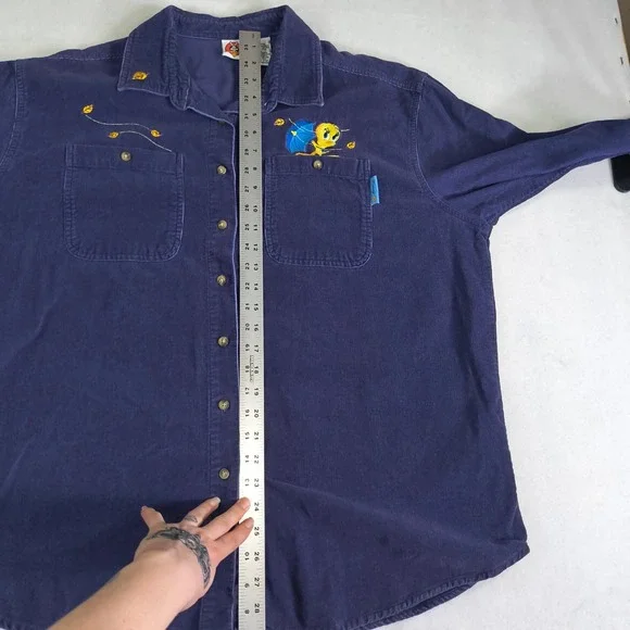 Vintage Style Tweety Bird Corduroy Shirt XL Purple Looney Tunes Button Up - Picture 10 of 11